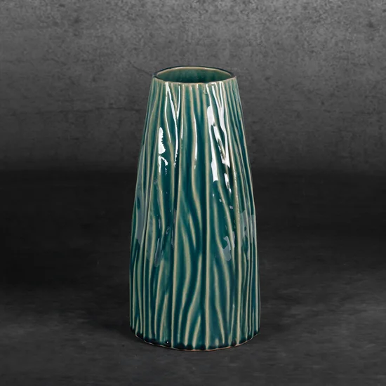 Wazon ceramiczny REA w stylu boho w prążki - ∅ 14 x 29 cm - zielony