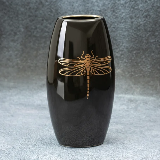 Wazon ceramiczny z nadrukiem złotej ważki - 13 x 9 x 25 cm - czarny