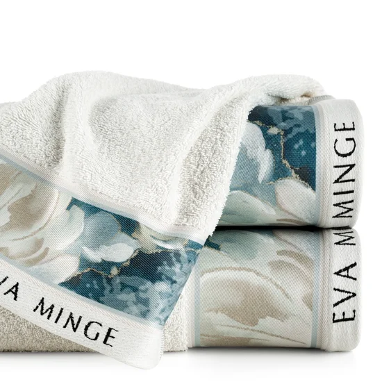 EVA MINGE Ręcznik EVA 4 z puszystej bawełny z bordiurą zdobioną designerskim nadrukiem - 50 x 90 cm - naturalny