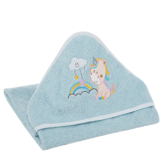 Ręcznik BABY z kapturkiem i naszywaną aplikacją z jednorożcem - 75 x 75 cm - niebieski
