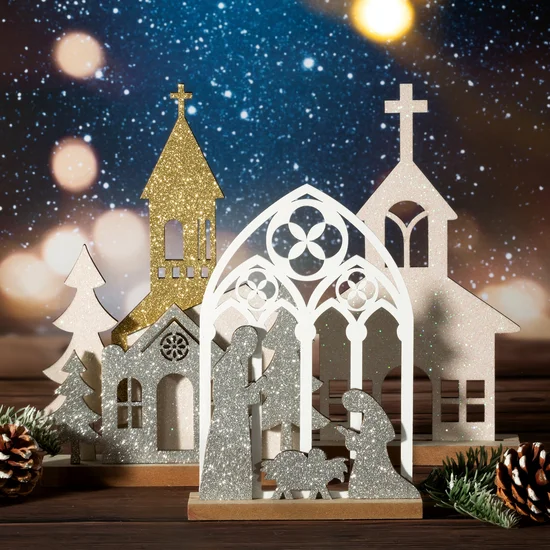 Ozdoba świąteczna SZOPKA BOŻONARODZENIOWA z brokatowymi elementami - 13 x 3 x 18 cm - biały