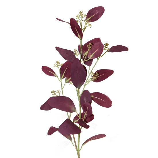 EUKALIPTUS gałązka, kwiat sztuczny dekoracyjny - dł. 74 cm dł. z liśćmi 42 cm dł. liść pol. 8 cm - bordowy