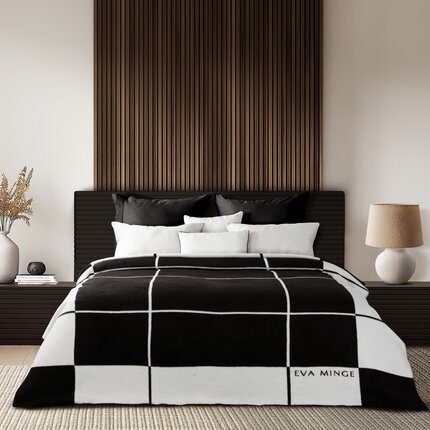 EVA MINGE Miękki w dotyku koc bawełniano-akrylowy z geometrycznym nadrukiem ELEGANTE 220 x 240 cm biały,czarny | Eurofirany