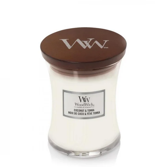WOOD WICK - świeca średnia z drewnianym knotem - Coconut&Tonka - ∅ 10 x 12 cm - biały