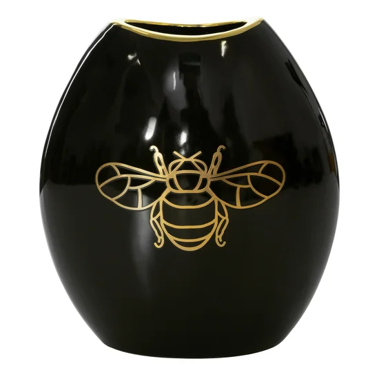 Wazon ceramiczny z nadrukiem złotej pszczoły - 22 x 12 x 25 cm - czarny
