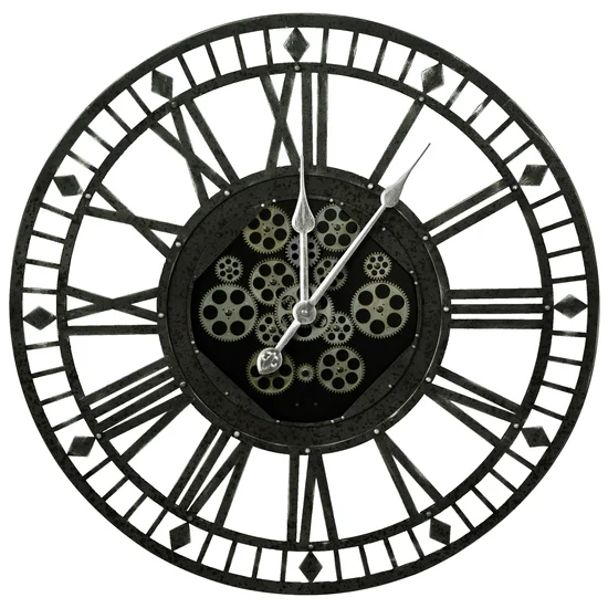 Dekoracyjny zegar ścienny w stylu industrialnym z metalu z ruchomymi kołami zębatymi - 90 x 8 x 90 cm - czarny