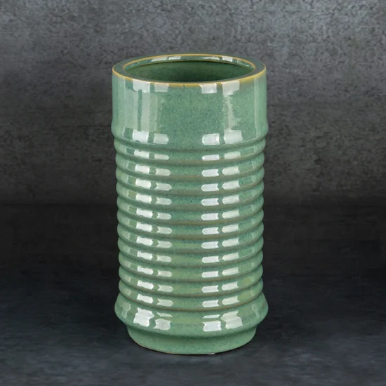 Wazon ceramiczny SAMI minimalistyczny, o kształcie walca ze żłobieniami - ∅ 15 x 26 cm - zielony