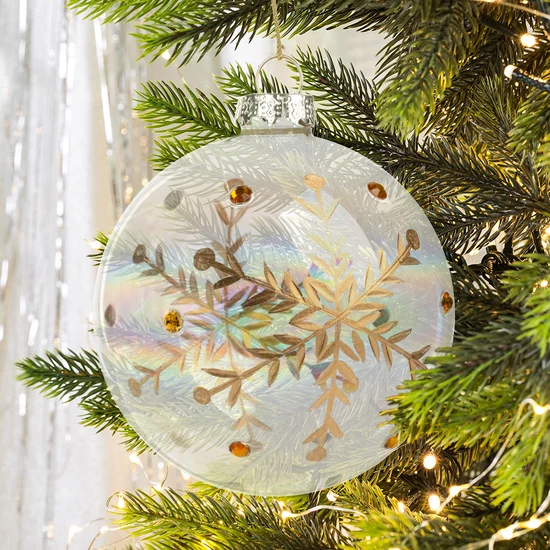 Bombka choinkowa ręcznie zdobiona motywem śnieżynek dekorowana kryształkami - ∅ 8 cm - złoty