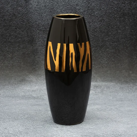 Wazon ceramiczny SELENA  czarny ze złotym zdobieniem - ∅ 11 x 27 cm - czarny