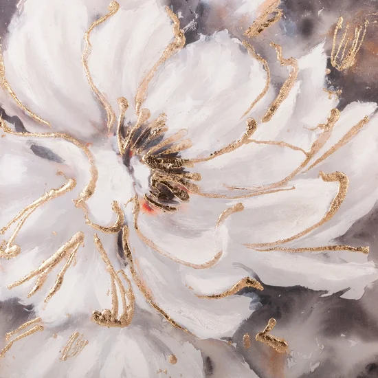 Obraz BLOOM 2 ręcznie malowany na płótnie kwiat z elementami złotego brokatu - 80 x 80 cm - beżowy