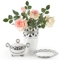 Wazon ceramiczny zdobiony ażurowym wzorem i kryształkami - ∅ 16 x 28 cm - biały 3