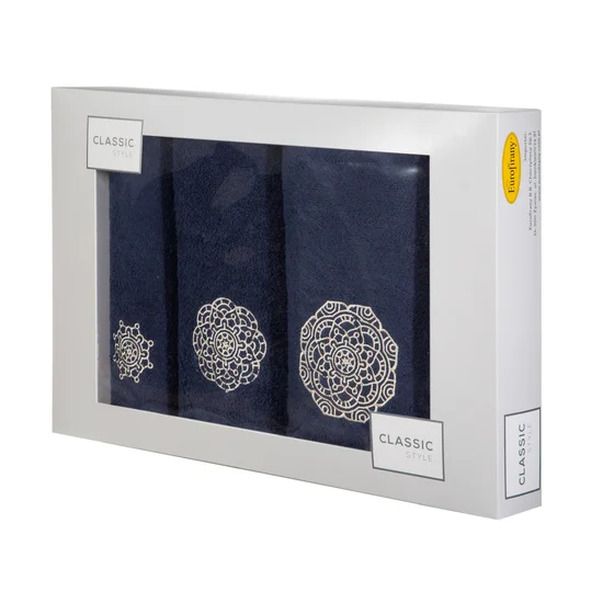 Komplet ręczników z haftem w kształcie mandali w kartonowym opakowaniu - 56 x 36 x 7 cm - granatowy