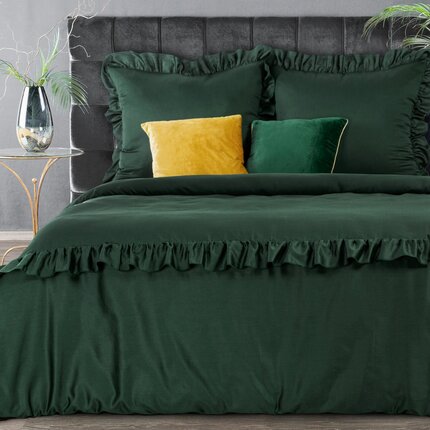 REINA LINE Komplet pościeli z makosatyny bawełnianej zdobionej falbanami 160 x 200 cm butelkowy zielony