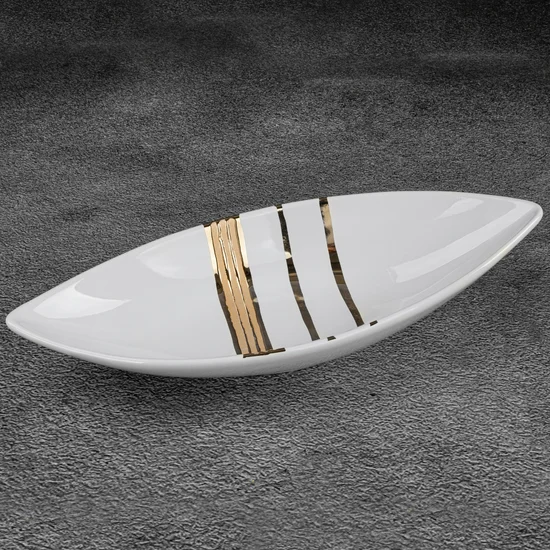 Patera ceramiczna w kształcie łódeczki biało-złota - 40 x 14 x 7 cm - biały