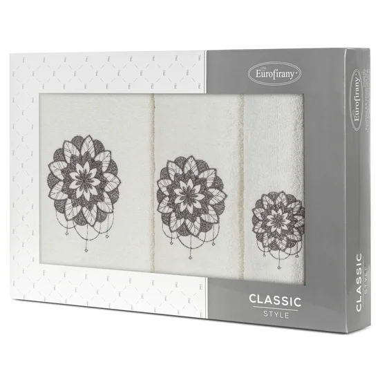 Zestaw upominkowy LOTUS 3 szt ręczników z haftem z motywem kwiatu lotosu w kartonowym opakowaniu na prezent - 56 x 36 x 7 cm - kremowy