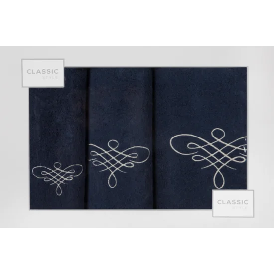 Komplet ręczników z ornamentowym haftem w kartonowym opakowaniu - 56 x 36 x 7 cm - granatowy