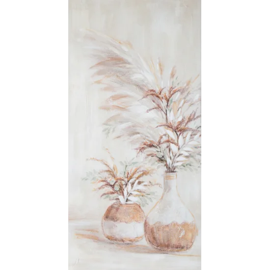 Obraz KITTY 2 ręcznie malowany na płótnie, bukiety z trawą pampasową - 60 x 120 cm - beżowy
