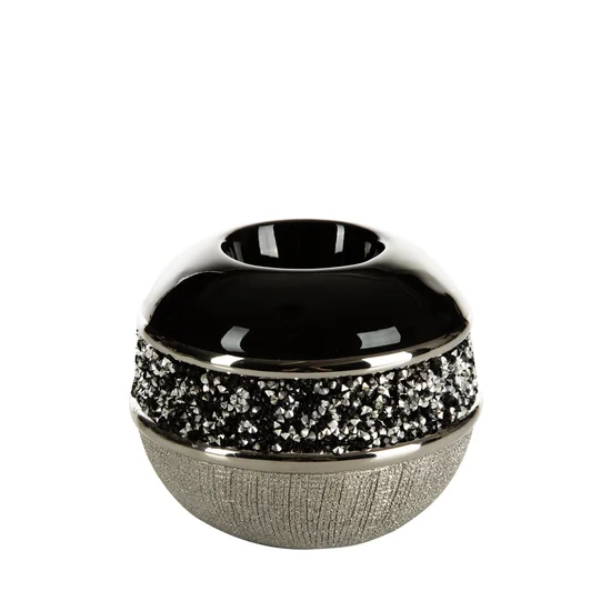 Świecznik ceramiczny JOYCE  dekorowany drobnymi kryształkami srebrno-czarny - 12 x 12 x 10 cm - srebrny