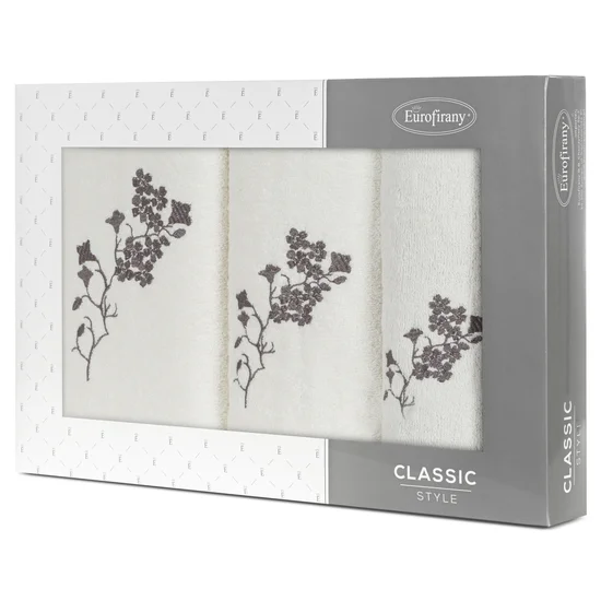 Zestaw upominkowy BLOSSOM 3 szt ręczników z haftem z motywem kwiatowym w kartonowym opakowaniu na prezent - 56 x 36 x 7 cm - kremowy