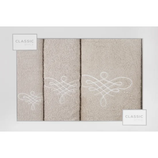 Komplet ręczników z ornamentowym haftem w kartonowym opakowaniu - 56 x 36 x 7 cm - beżowy