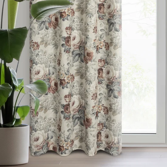 Zasłona GABI z tkaniny z dodatkiem lnu w stylu eko zdobiona nadrukiem kwiatów - 140 x 250 cm - naturalny