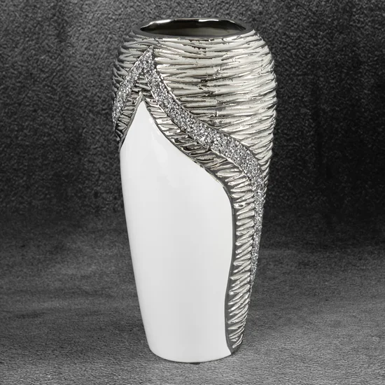 Wazon ceramiczny ADONA zdobiony wytłaczanym wzorem oraz lśniącymi kryształkami - ∅ 16 x 31 cm - biały