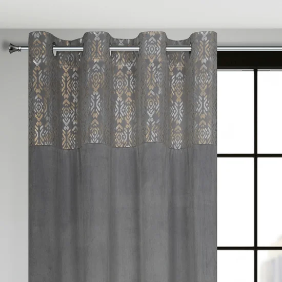Zasłona LIZA z welwetu z pasem z błyszczącym, cieniowanym nadrukiem - 140 x 250 cm - stalowy
