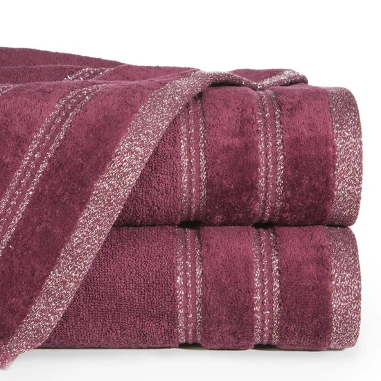 Ręcznik z welurową bordiurą przetykaną błyszczącą nicią - 50 x 90 cm - bordowy