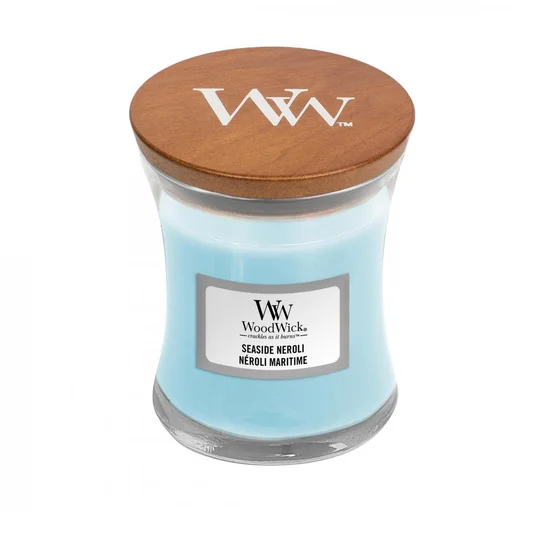 WOOD WICK - mała świeca z drewnianym knotem - Seaside Neroli - ∅ 7 x 8 cm - niebieski