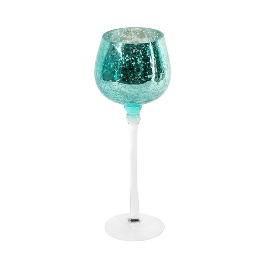 Świecznik szklany VERRE na wysmukłej nóżce z turkusowym kielichem - ∅ 9 x 25 cm - biały