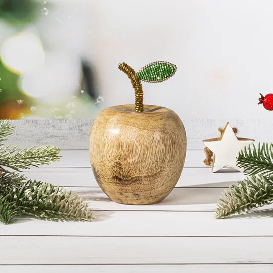 Figurka świąteczna z naturalnego drewna w kształcie jabłka zdobiona błyszczącymi koralikami - ∅ 8 x 13 cm - brązowy