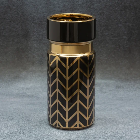 Wazon ceramiczny o nowoczesnym kształcie czarno-złoty z geometrycznym wzorem - ∅ 11 x 25 cm - czarny