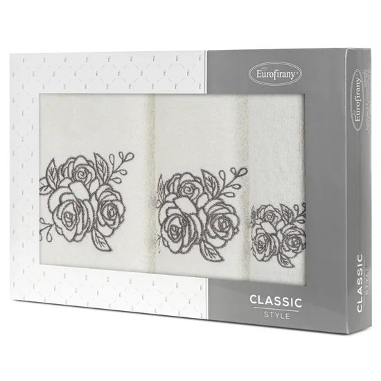Zestaw upominkowy ROSALIA 3 szt ręczników z haftem z motywem róż w kartonowym opakowaniu na prezent - 56 x 36 x 7 cm - kremowy