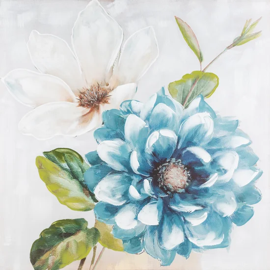 Obraz APRIL ręcznie malowany na płótnie z niebieskim kwiatem - 100 x 100 cm - niebieski