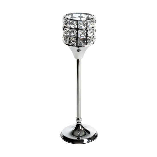 Świecznik BAILEY z metalu szkła i kryształu w stylu glamour - ∅ 11 x 39 cm - srebrny