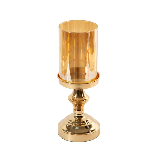 Świecznik dekoracyjny ABELLA na nóżce z metalu ze szklanym kloszem - ∅ 11 x 30 cm - złoty
