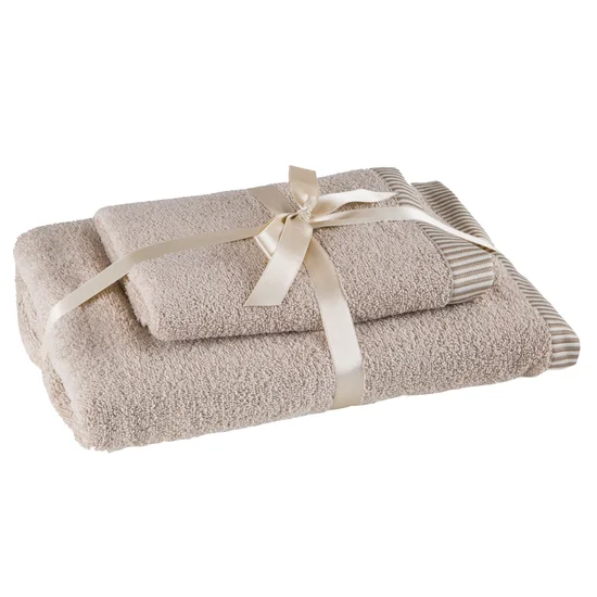 Komplet 2 szt ręczników KOS z  ozdobną żakardową bordiurą w paseczki - 36 x 25 x 12 cm - beżowy