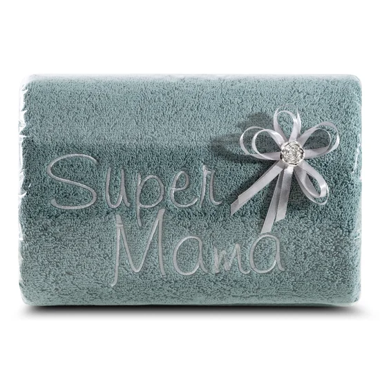 Zestaw prezentowy -  ręcznik z haftem SUPER MAMA - 26 x 11 x 18 cm - miętowy