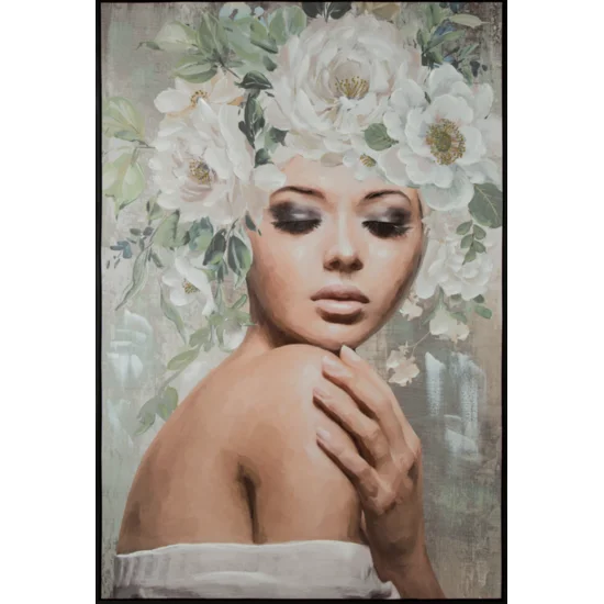 Obraz BLUSH 2 ręcznie malowany na płótnie portret kobiety z kwiatami na głowie w  czarnej ramie - 80 x 120 cm - popielaty