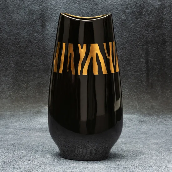 Wazon ceramiczny SELENA  czarny ze złotym zdobieniem - 17 x 8 x 34 cm - czarny