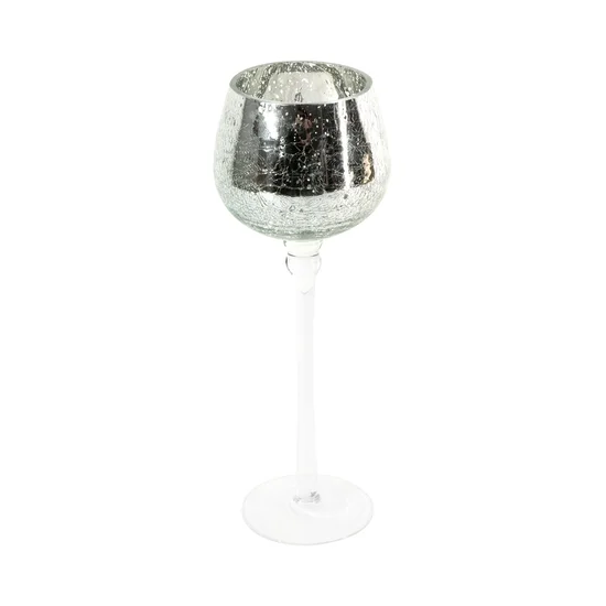 Świecznik szklany VERRE na wysmukłej nóżce ze srebrzystym kielichem - ∅ 9 x 25 cm - biały