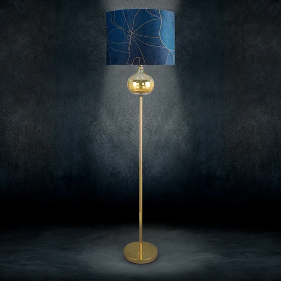LIMITED COLLECTION Lampa stojąca LOTOS 2 ze szklaną ozdobą z efektem ombre i welwetowym abażurem HARMONIA TURKUSU - ∅ 43 x 157 cm - turkusowy