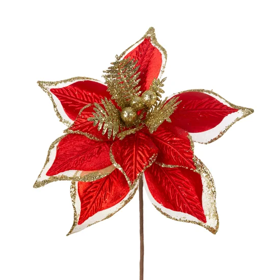 Świąteczny kwiat dekoracyjny z tkaniny ze złotymi dodatkami - 22 x 20 cm - czerwony