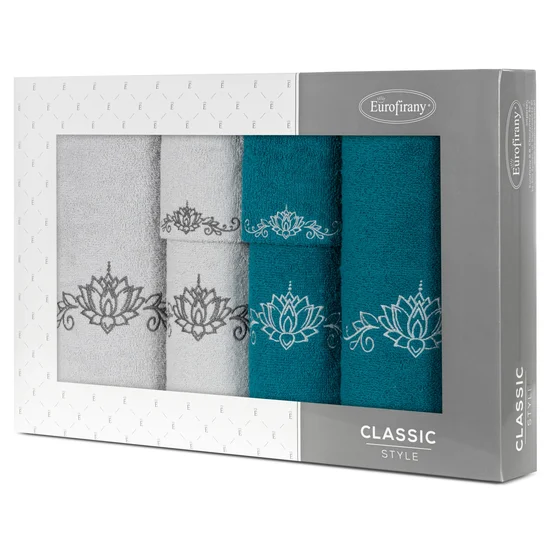 Zestaw upominkowy LILIANA 6 szt ręczników z haftem z motywem ornamentu kwiatowego w kartonowym opakowaniu na prezent - 53 x 37 x 11 cm - ciemnoturkusowy