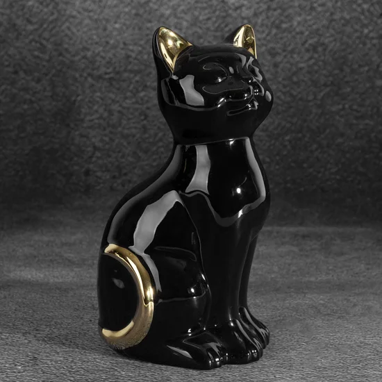 Kot figurka dekoracyjna ceramiczna czarno-złota - 11 x 9 x 20 cm - czarny