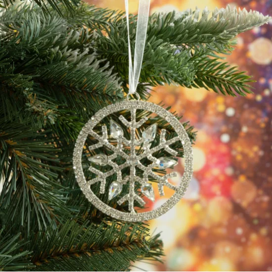 Ozdoba choinkowa śnieżynka zdobiona kryształami na dekoracyjnej wstążeczce - ∅ 8 cm - srebrny