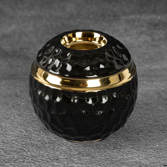 Świecznik dekoracyjny ETNA 2 z wytłaczanym wzorem i złotymi akcentami - ∅ 10 x 10 cm - czarny