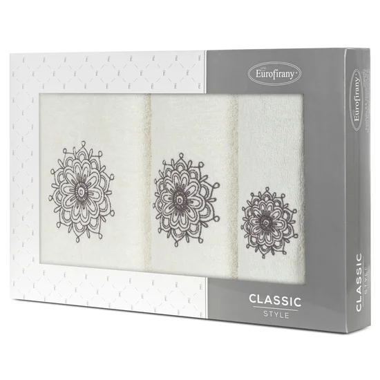 Zestaw upominkowy ROSETTE 3 szt ręczników z haftem z motywem rozety w kartonowym opakowaniu na prezent - 56 x 36 x 7 cm - kremowy