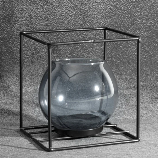 Świecznik dekoracyjny  szklana kula w metalowej ramie - 13.5 x 13.5 x 13.5 cm - czarny