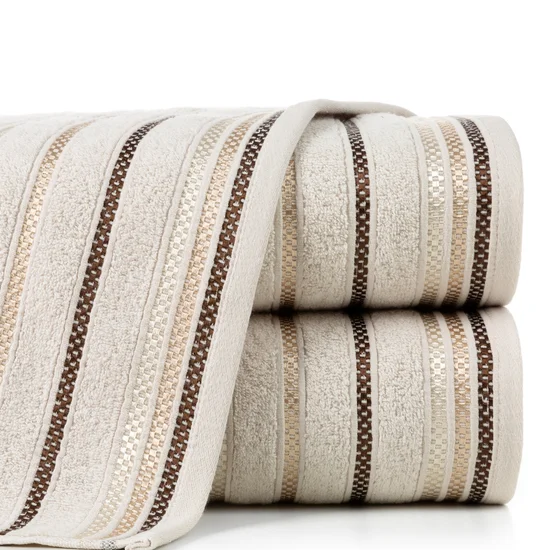 Ręcznik LIVIA  z kolorowymi paskami tkanymi we wzór jodełki - 30 x 50 cm - beżowy